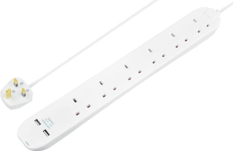 Masterplug 6 Gang Extension Lead with 2 x USB Charging Sockets, 1 Metre, White