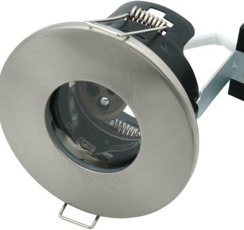 8 Pack - Brushed Chrome IP65 Bathroom & Shower Fire Rated Twist Lock GU10 Recessed Downlight | Air Flow Open Back | 68Mm Cut Out | 240V Class 2 Double Insulated | Push Fit Terminals | Outdoor