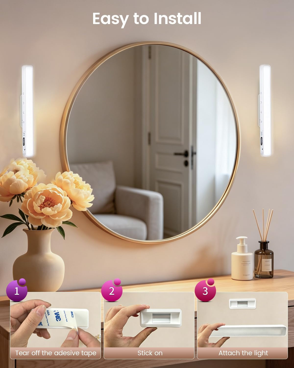 Makeup Mirror Light Stick on Mirror with Battery Level Display 2PC | Vanity Lights Bar Rechargeable Make up Light with Remote Magnetic Dressing Table Lights with 5 Cct&Dimmable for Bathroom