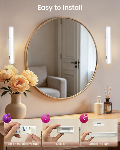 Makeup Mirror Light Stick on Mirror with Battery Level Display 2PC | Vanity Lights Bar Rechargeable Make up Light with Remote Magnetic Dressing Table Lights with 5 Cct&Dimmable for Bathroom