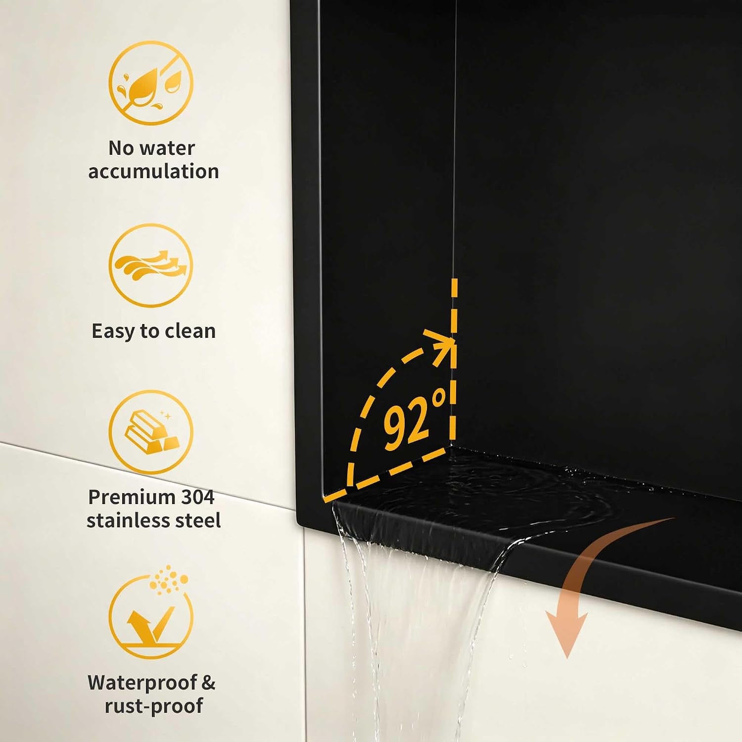 Wall Recess Shower Stainless Steel with LED Strip Light, 90 Cm X 30 Cm, Waterproof, No Tiles Required, Bathroom Storage, Niche, Matt Black
