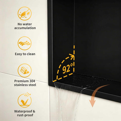 Wall Recess Shower Stainless Steel with LED Strip Light, 90 Cm X 30 Cm, Waterproof, No Tiles Required, Bathroom Storage, Niche, Matt Black