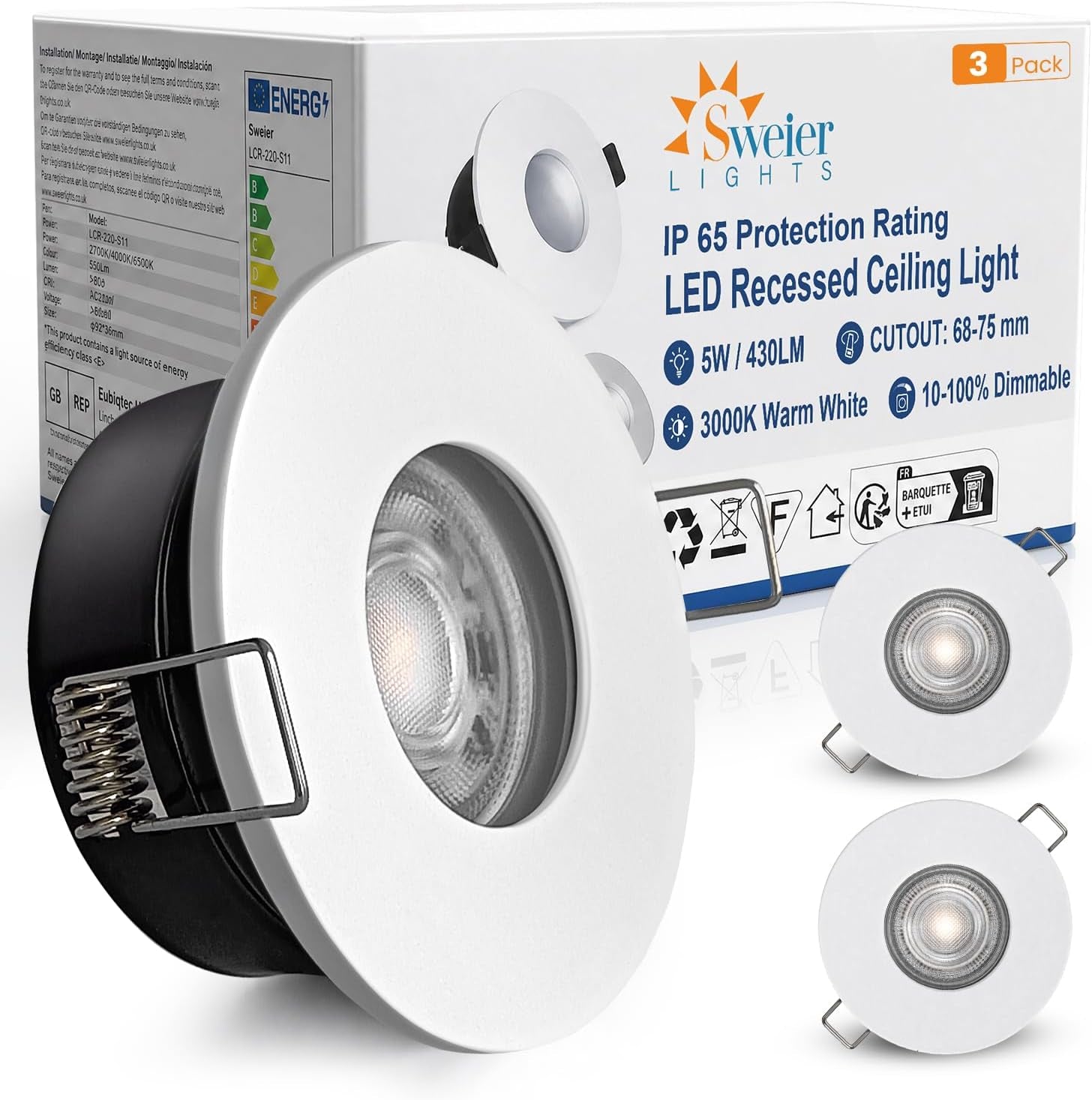 LED Downlights IP65 Waterproof Bathroom Spotlights 68-75Mm Cut Out | 4 Pack 5W GU10 3000K Class II Luminaire, Easy Install Black Recessed Ceiling Lights for Shower, Mains Powered