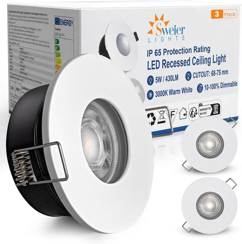 LED Downlights IP65 Waterproof Bathroom Spotlights 68-75Mm Cut Out | 4 Pack 5W GU10 3000K Class II Luminaire, Easy Install Black Recessed Ceiling Lights for Shower, Mains Powered