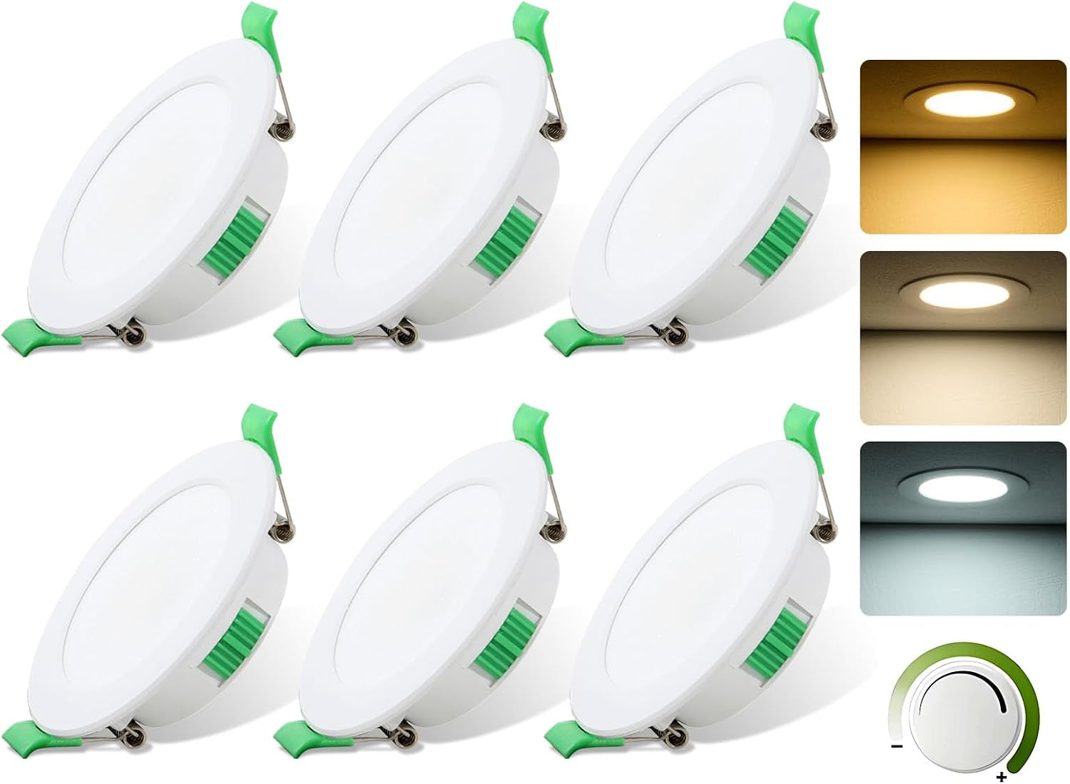 6 Pack LED Downlights for Ceiling 7W 3CCT IP44 Ultra Slim Cut Φ75-85MM | round LED Spot Bathroom Light 600LM, 3000K/4000K/6500K Adjustable, IP44 Recessed Ceiling for Bathroom, Kitchen, Living Room