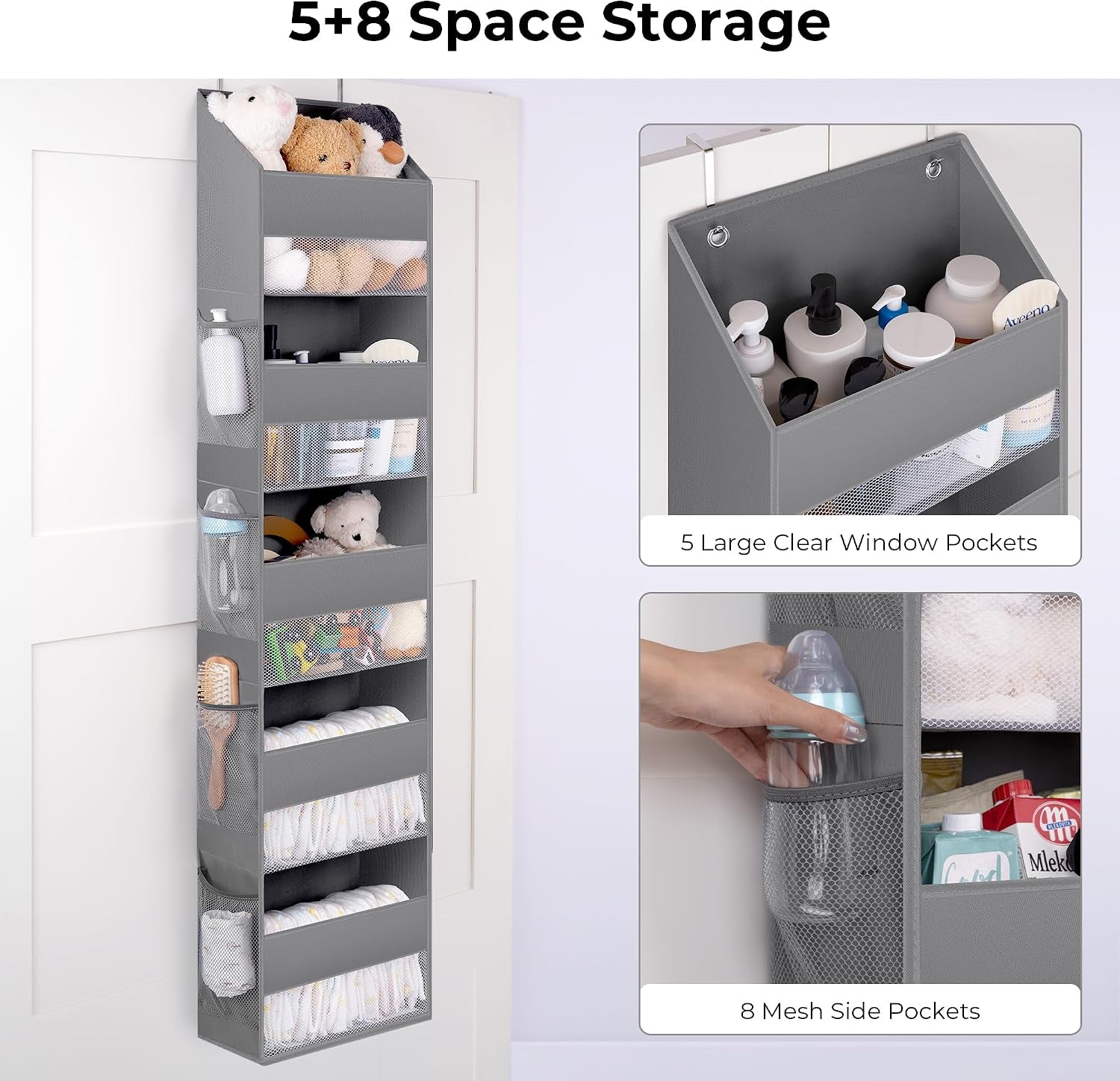 5-Shelf Hanging Storage Pockets, Pack of 1 Back Door Organiser Storage, behind Door Storage Organizer for Bedroom Living Room, Grey Overdoor Storage Organiser, Nursery Hanging Storage