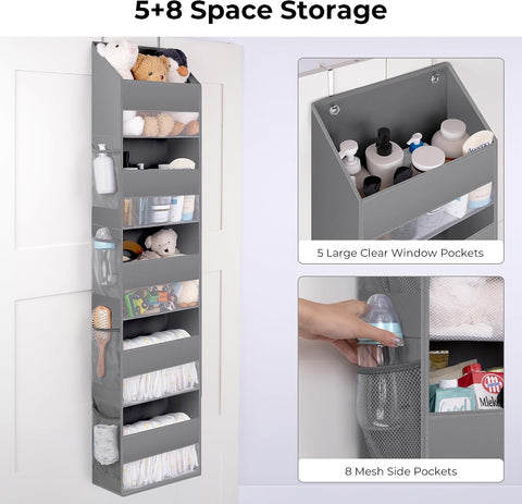 5-Shelf Hanging Storage Pockets, Pack of 1 Back Door Organiser Storage, behind Door Storage Organizer for Bedroom Living Room, Grey Overdoor Storage Organiser, Nursery Hanging Storage