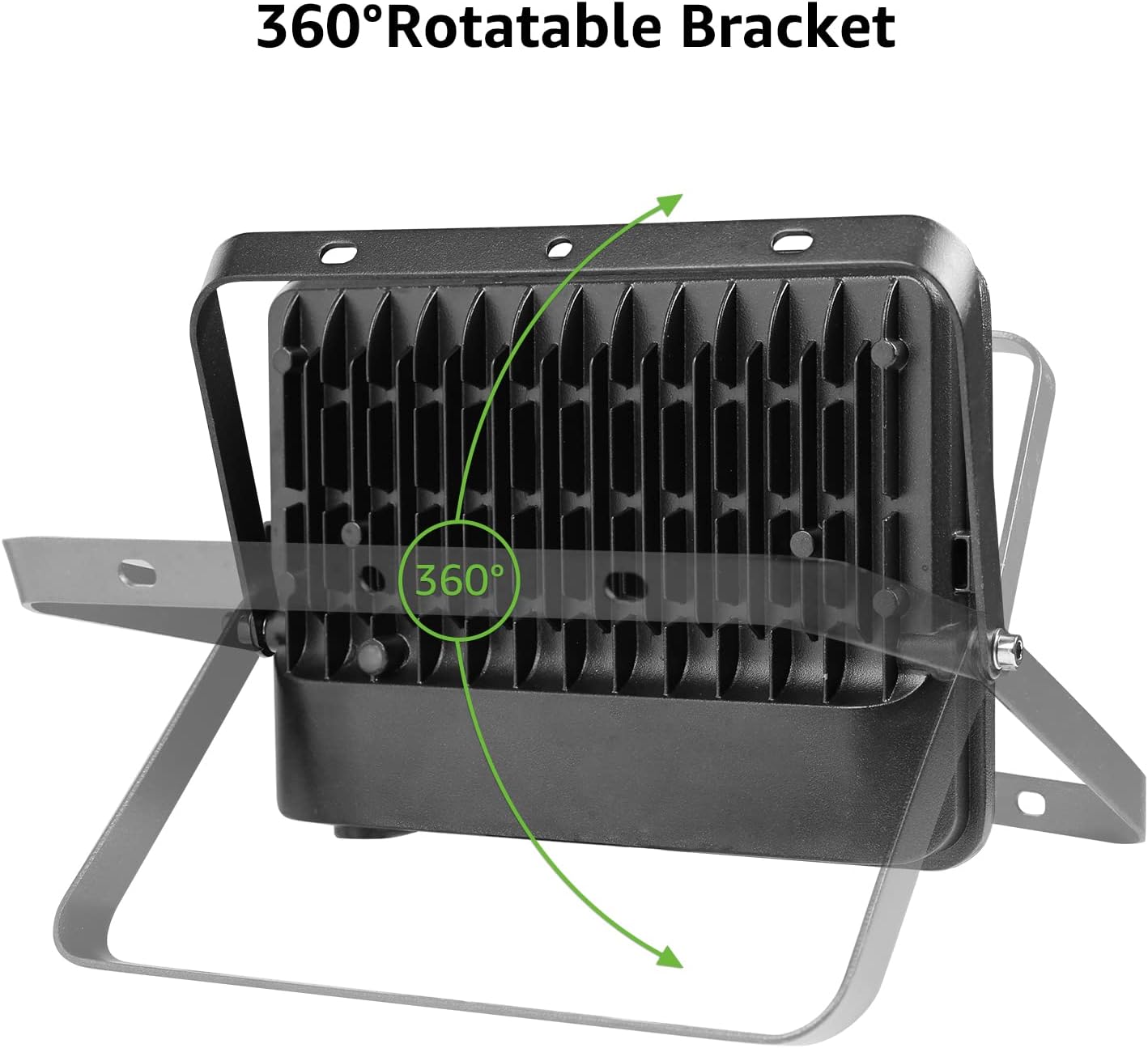 360-degree rotatable bracket on a black light fixture with green highlighting.