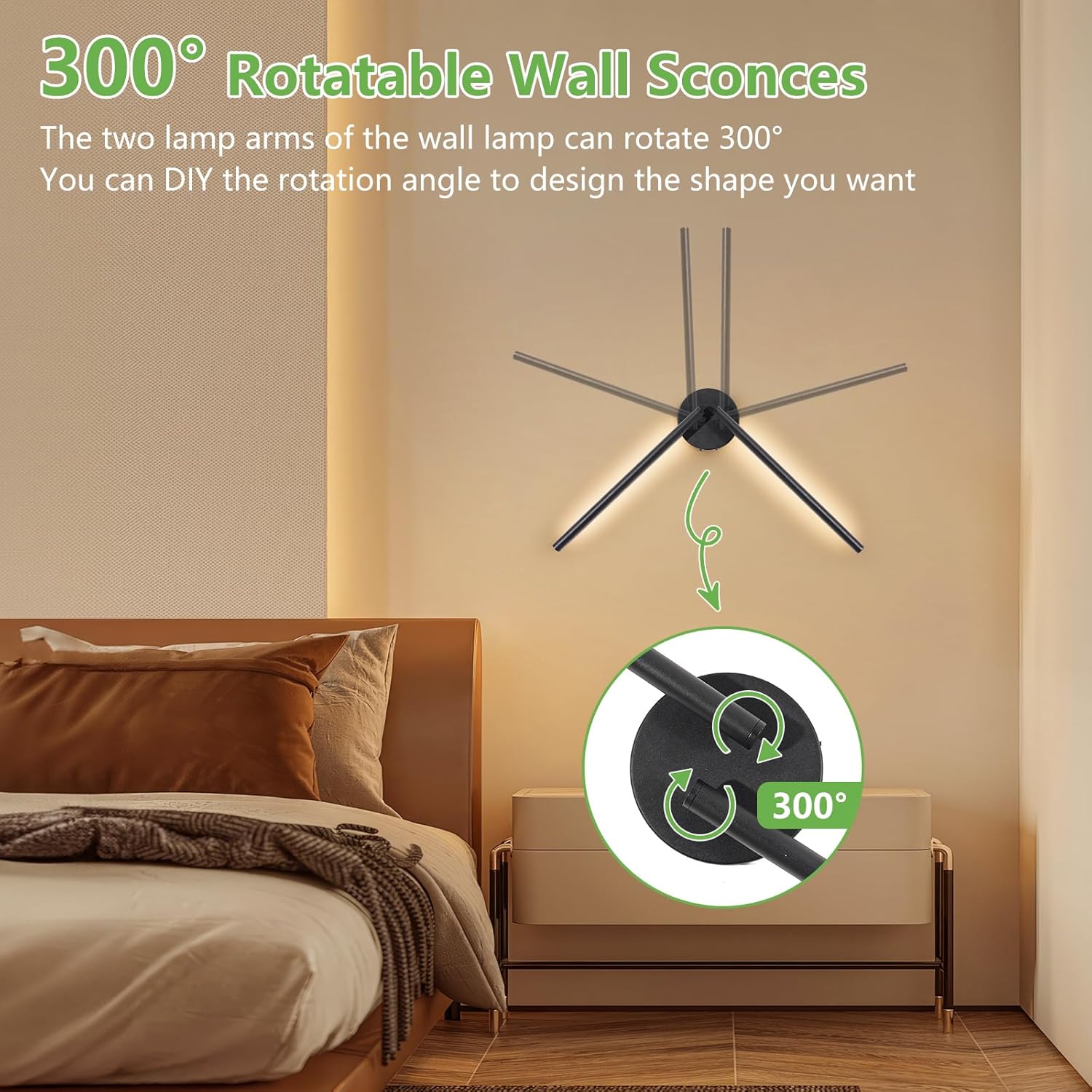 360-degree rotatable wall sconce in a bedroom setting with text explaining its feature.