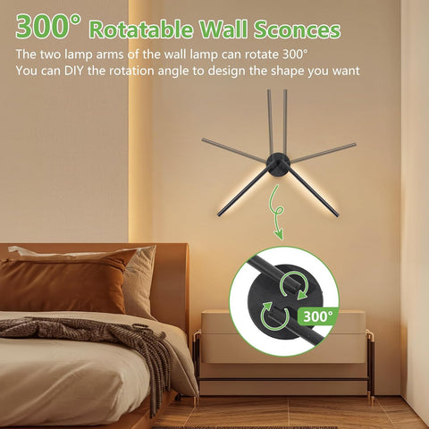 360-degree rotatable wall sconce in a bedroom setting with text explaining its feature.