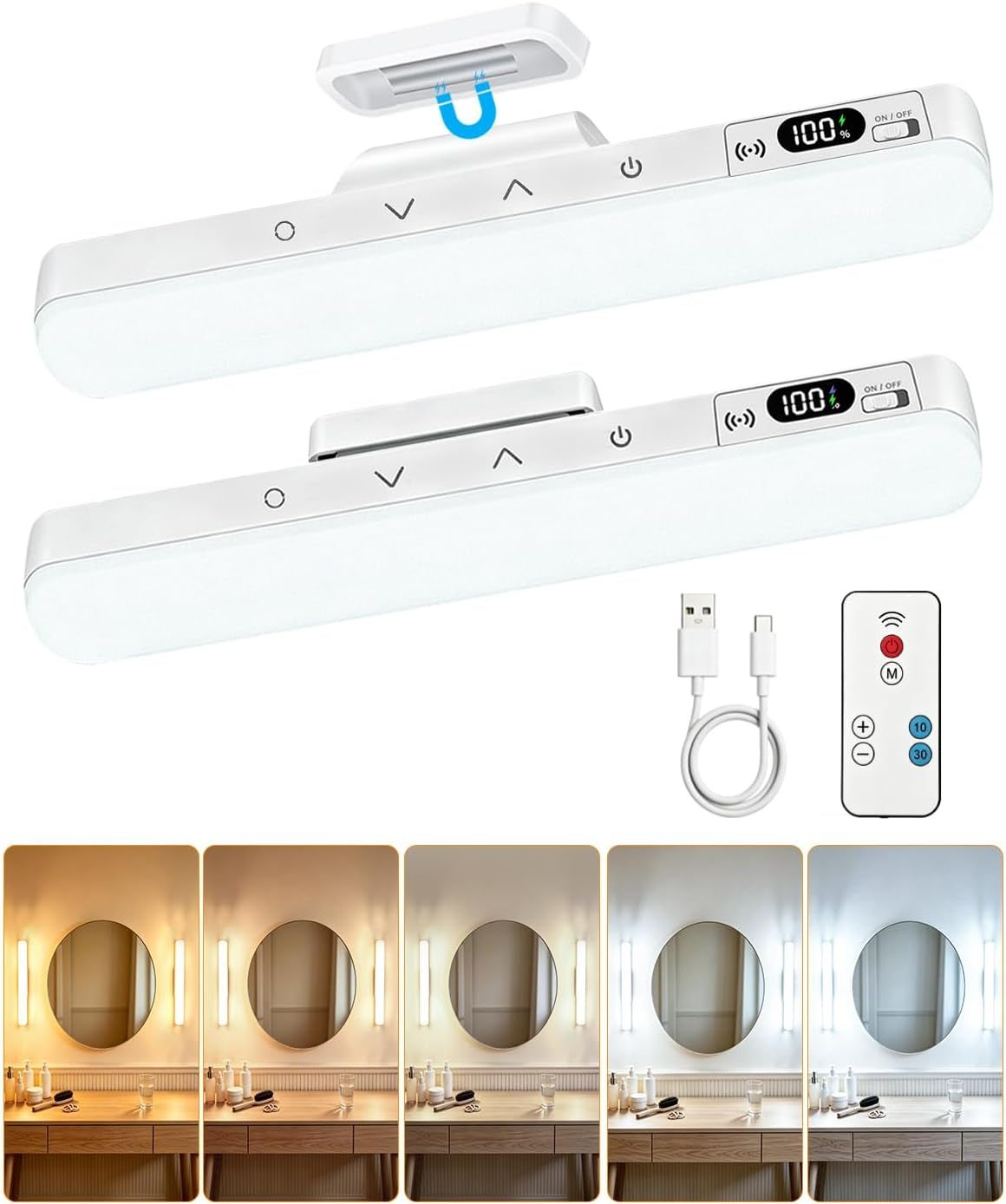 Rechargeable Makeup Light Magnetic Mirror Lights Stick on 2 Pack | Vanity Lights with Remote & Touch, Dimmable & 5 Color Temperatures, Portable Make up Light for Bathroom Closet Dressing Table