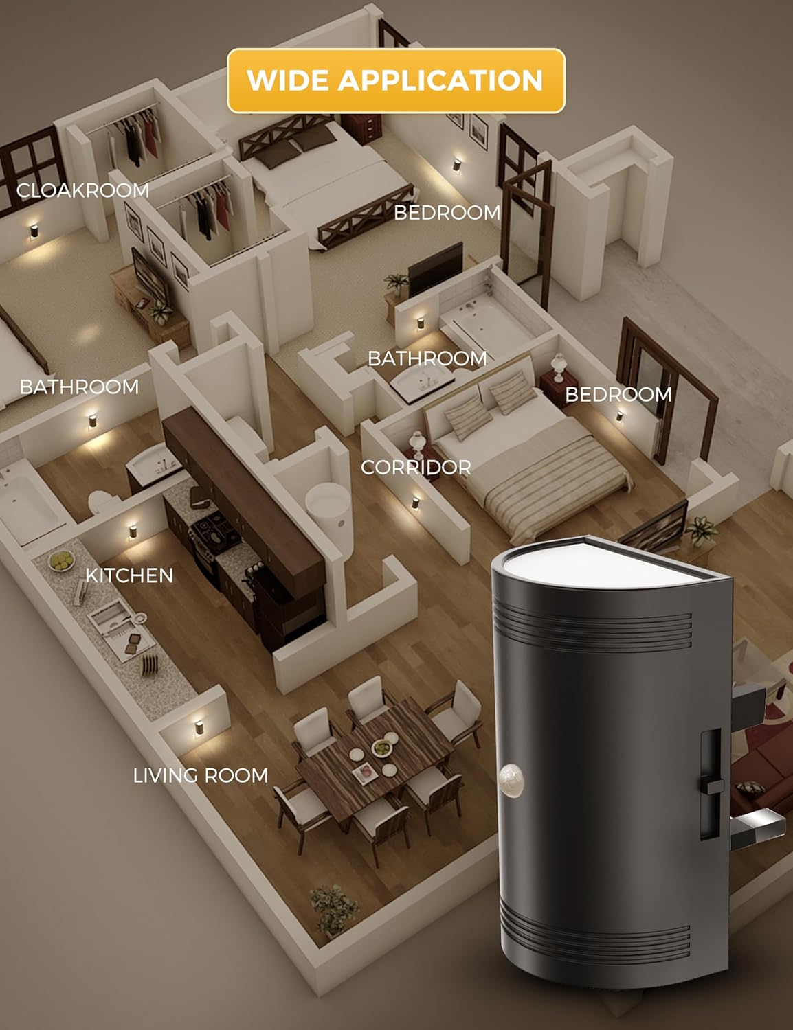 3D floor plan of a house with labeled rooms and a black cylindrical device labeled 'Wide Application' on a white background.