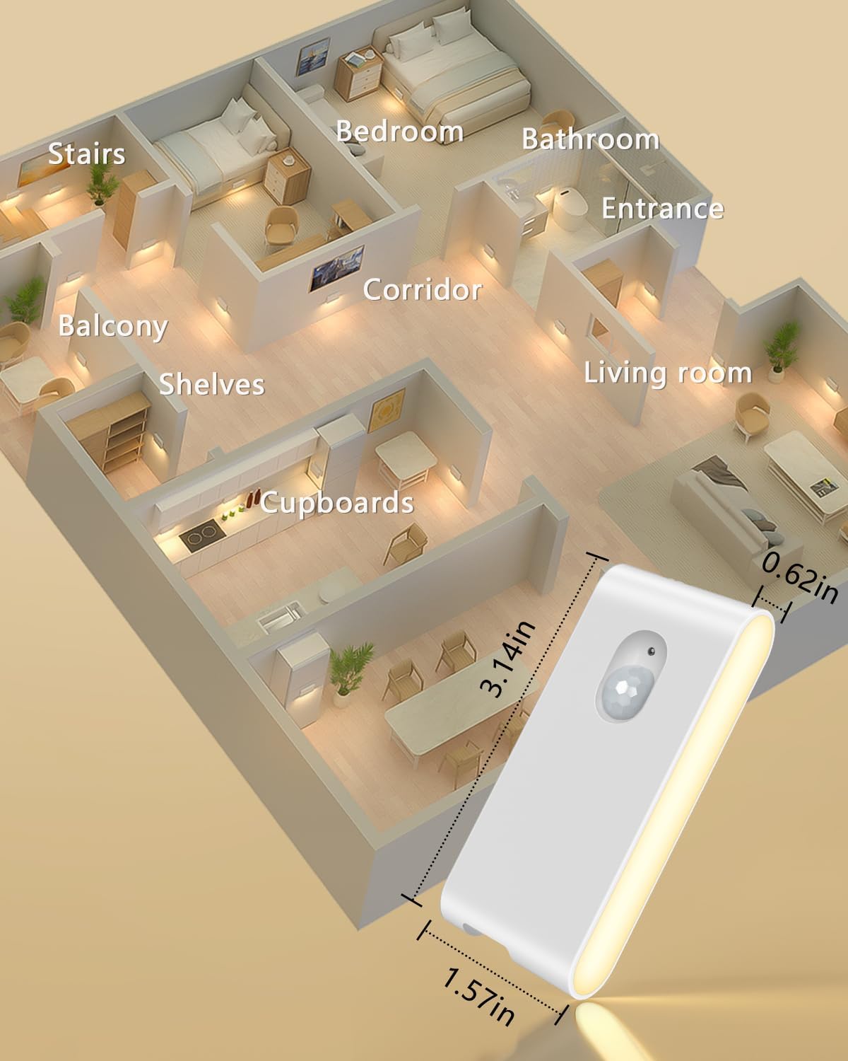 3D floor plan of a house with labeled rooms and a smartphone displaying a camera app.