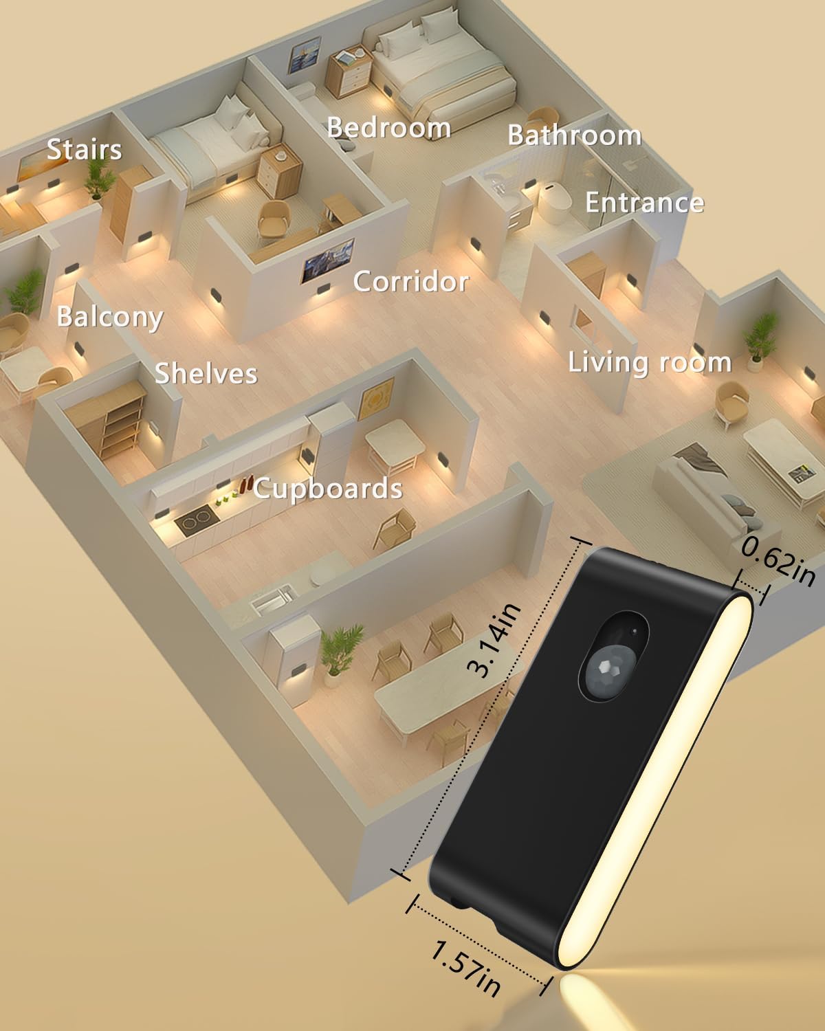 3D floor plan of a house with labeled rooms and a smartphone for scale.