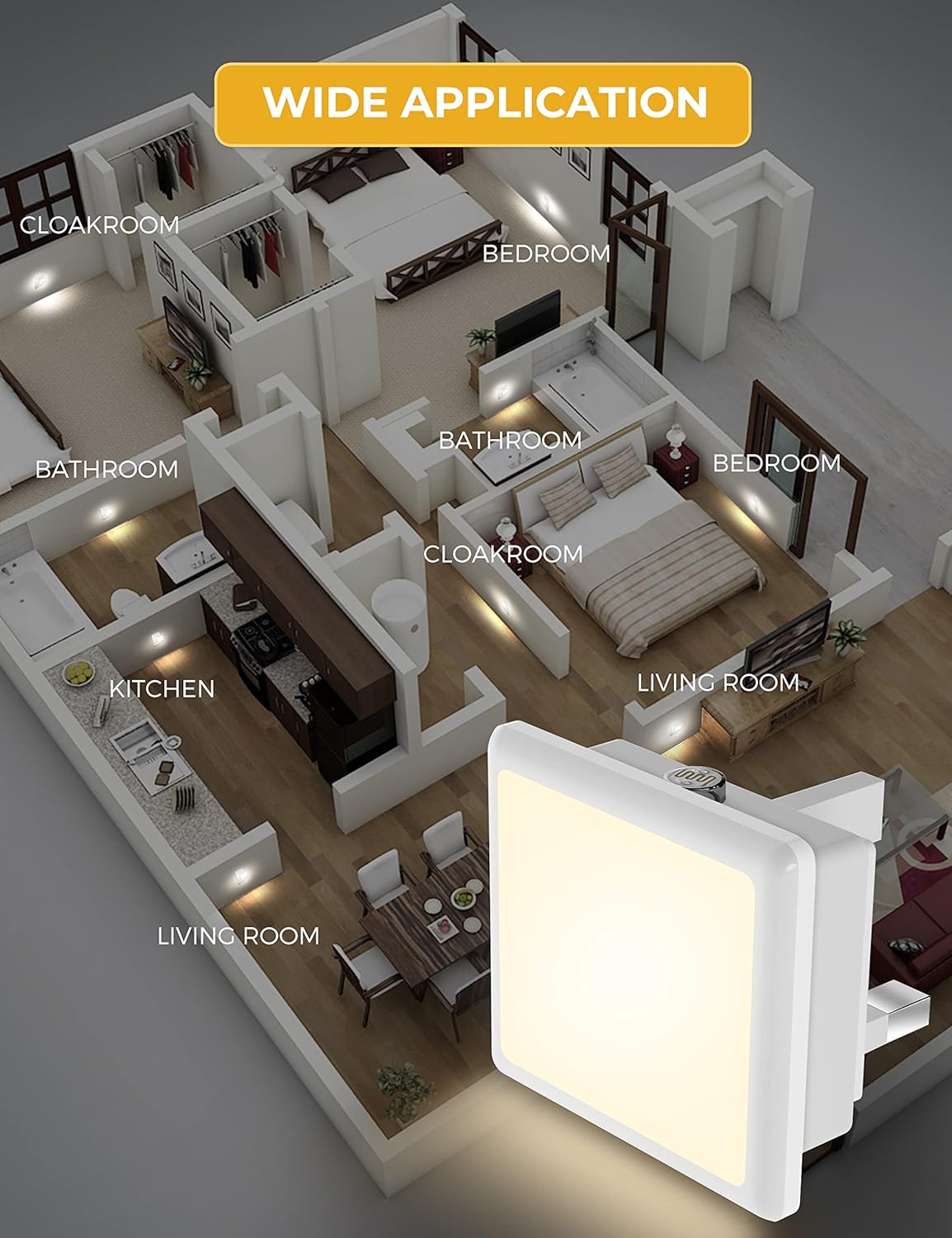 3D floor plan of a house with labeled rooms and a square light fixture in the foreground.
