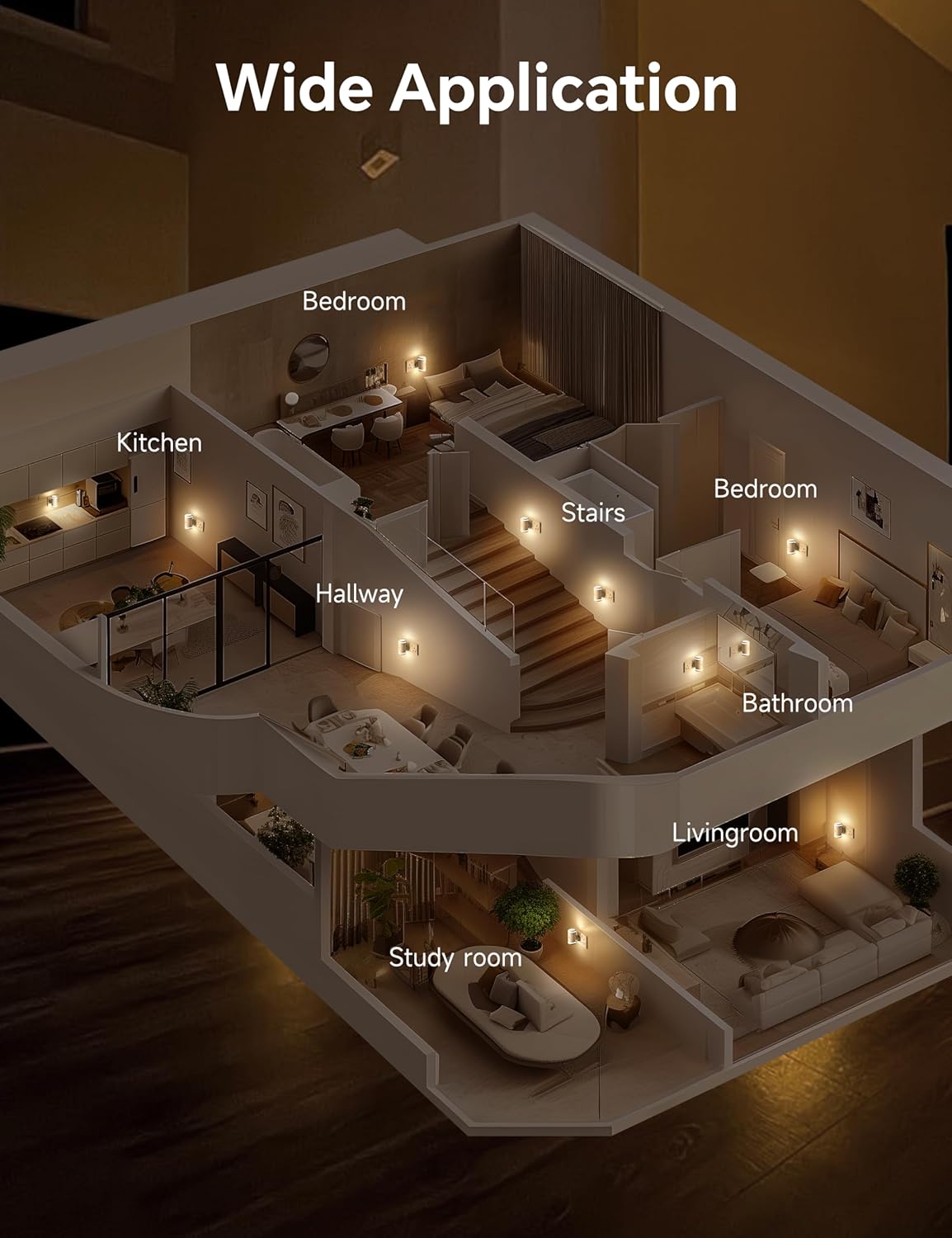 3D floor plan of a house with labeled rooms on a dark background
