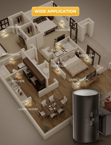 3D floor plan of a modern apartment layout with labeled rooms and a cylindrical device labeled 'Wide Application'.