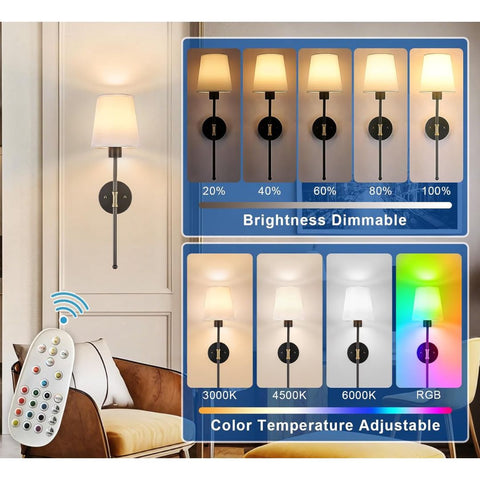 Rechargeable Wireless Wall Sconce Set, Remote Controlled Adjustable LED Light, Battery Powered Decorative Lamp for Bedroom and Living Spaces