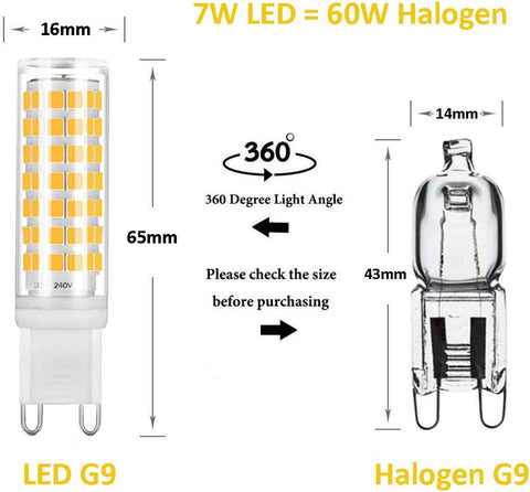 G9 7W Dimmable LED Bulbs, Warm White 2700K, 6-Pack, 600LM, Energy Saving, Halogen Replacement