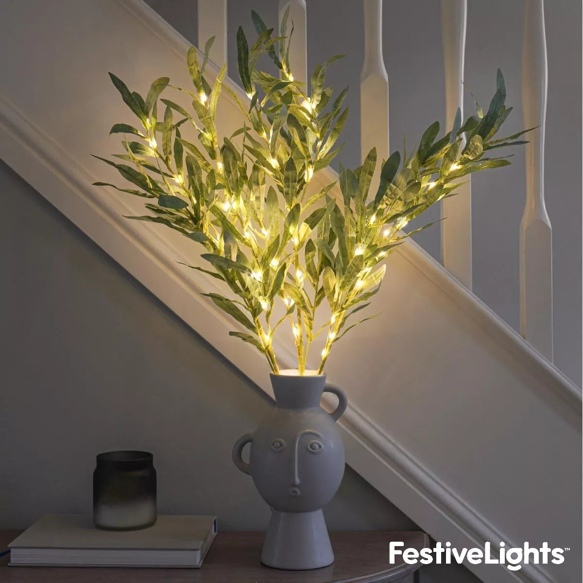3 x 65cm LED-lit olive leaf twig branches glowing in a vase

