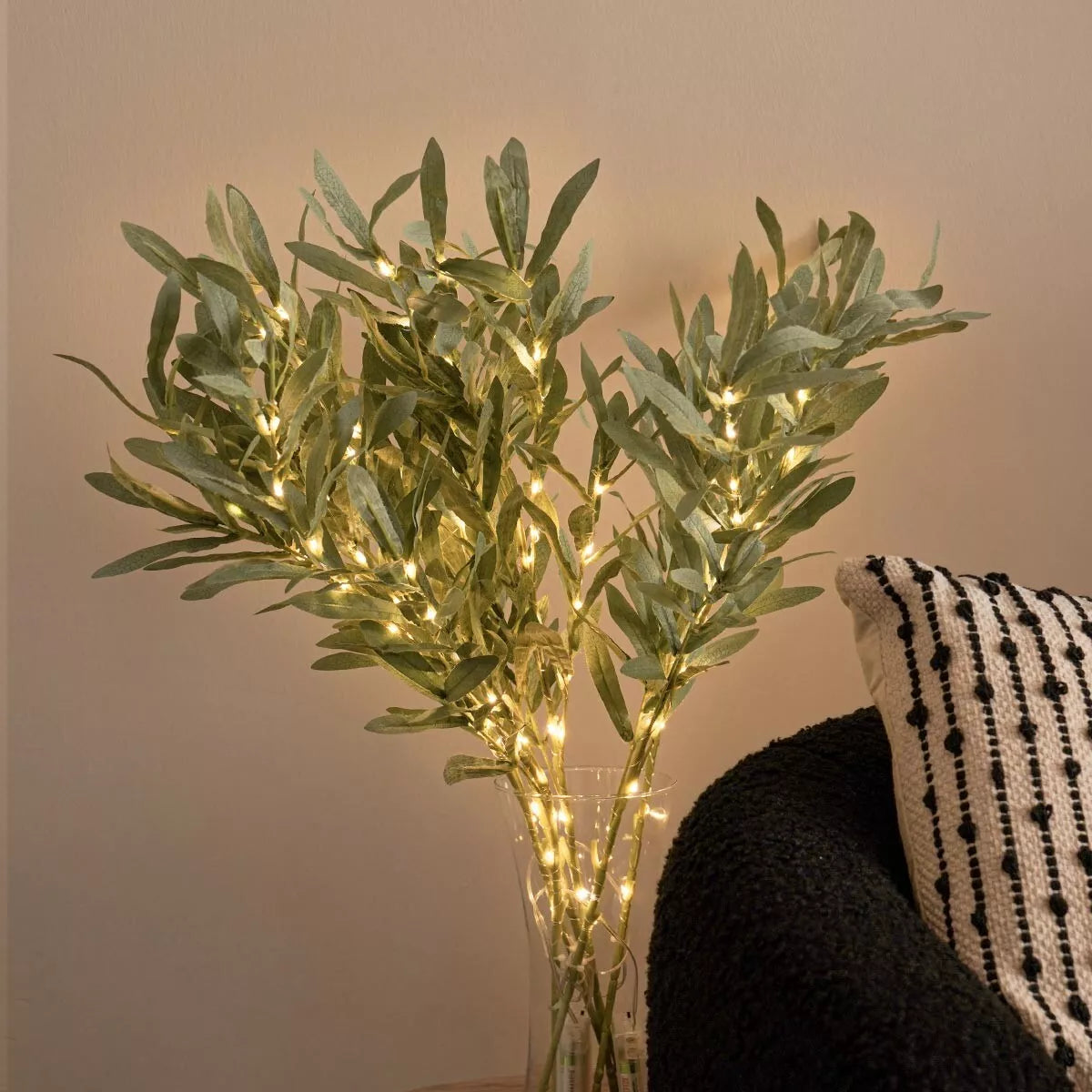 Close-up of warm white LED olive leaf decorative lights


