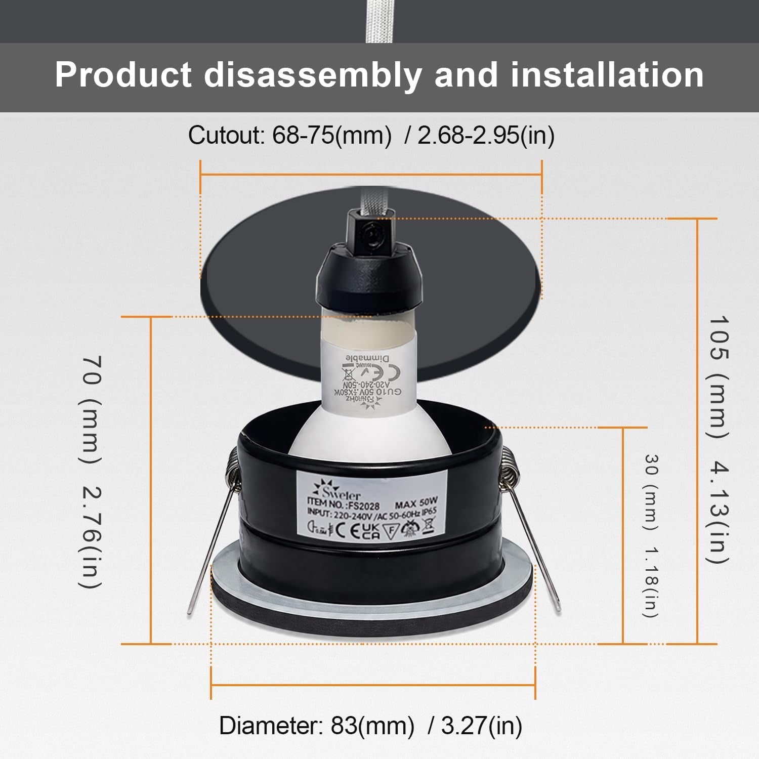 LED Downlights IP65 Waterproof Bathroom Spotlights 68-75Mm Cut Out | 4 Pack 5W GU10 3000K Class II Luminaire, Easy Install Black Recessed Ceiling Lights for Shower, Mains Powered