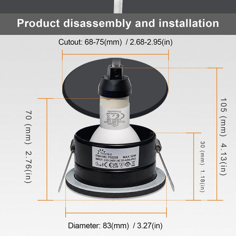 LED Downlights IP65 Waterproof Bathroom Spotlights 68-75Mm Cut Out | 4 Pack 5W GU10 3000K Class II Luminaire, Easy Install Black Recessed Ceiling Lights for Shower, Mains Powered