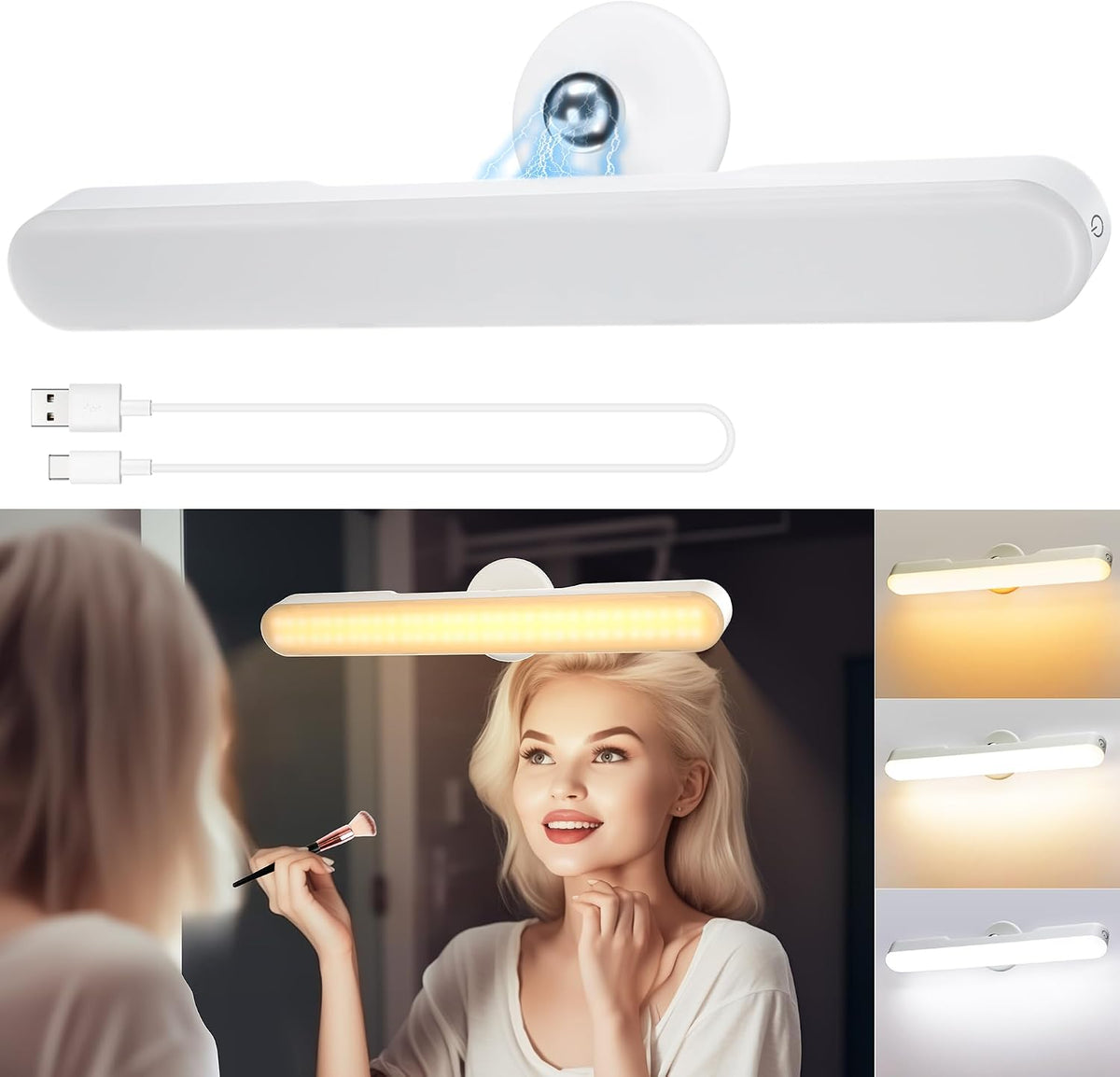 Makeup Mirror Lights, Rechargeable Battery Operated Dressing Table Lights | Stick on Mirror, 4000Mah, Touch Make up Vanity Lights, Screw-Free Portable LED Lamp Bathroom Lighting USB Light Bulb