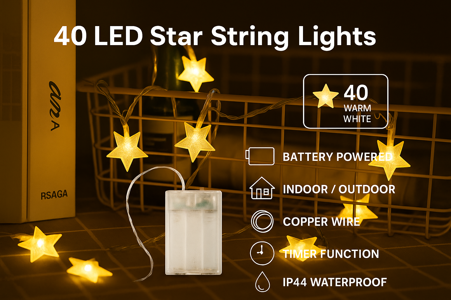 40 LED star string lights with packaging on a dark background