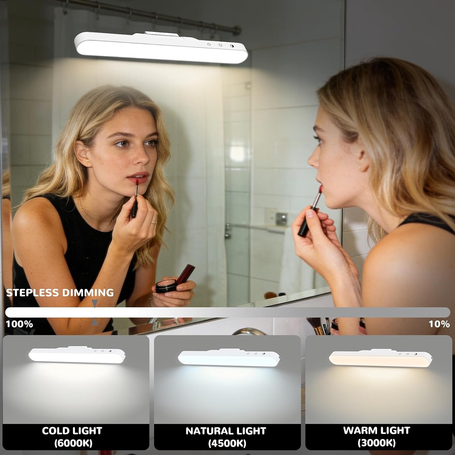 Makeup Mirror Light, LED Battery Operated Dressing Table Lights, 4500Mah Magnetic Stick on Bathroom Lights, 3 Color Temperatures & Adjustable Brightness, Portable for Bathroom Dressing Table