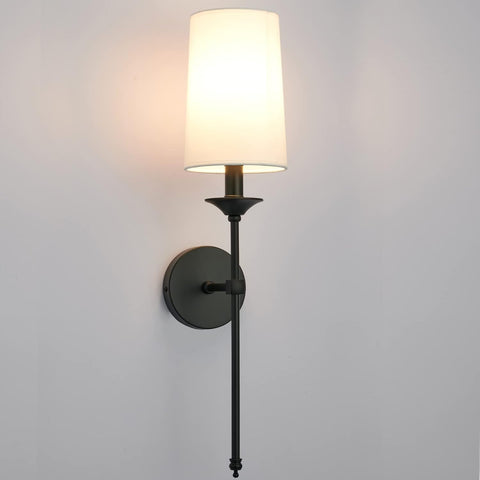 Hardwired Wall Light Set of 2 Vintage Black Candlestick Wall Sconces with Fabric Shade, Vintage Farmhouse Lighting for Bathroom Living Room Bedroom Dining Hallway