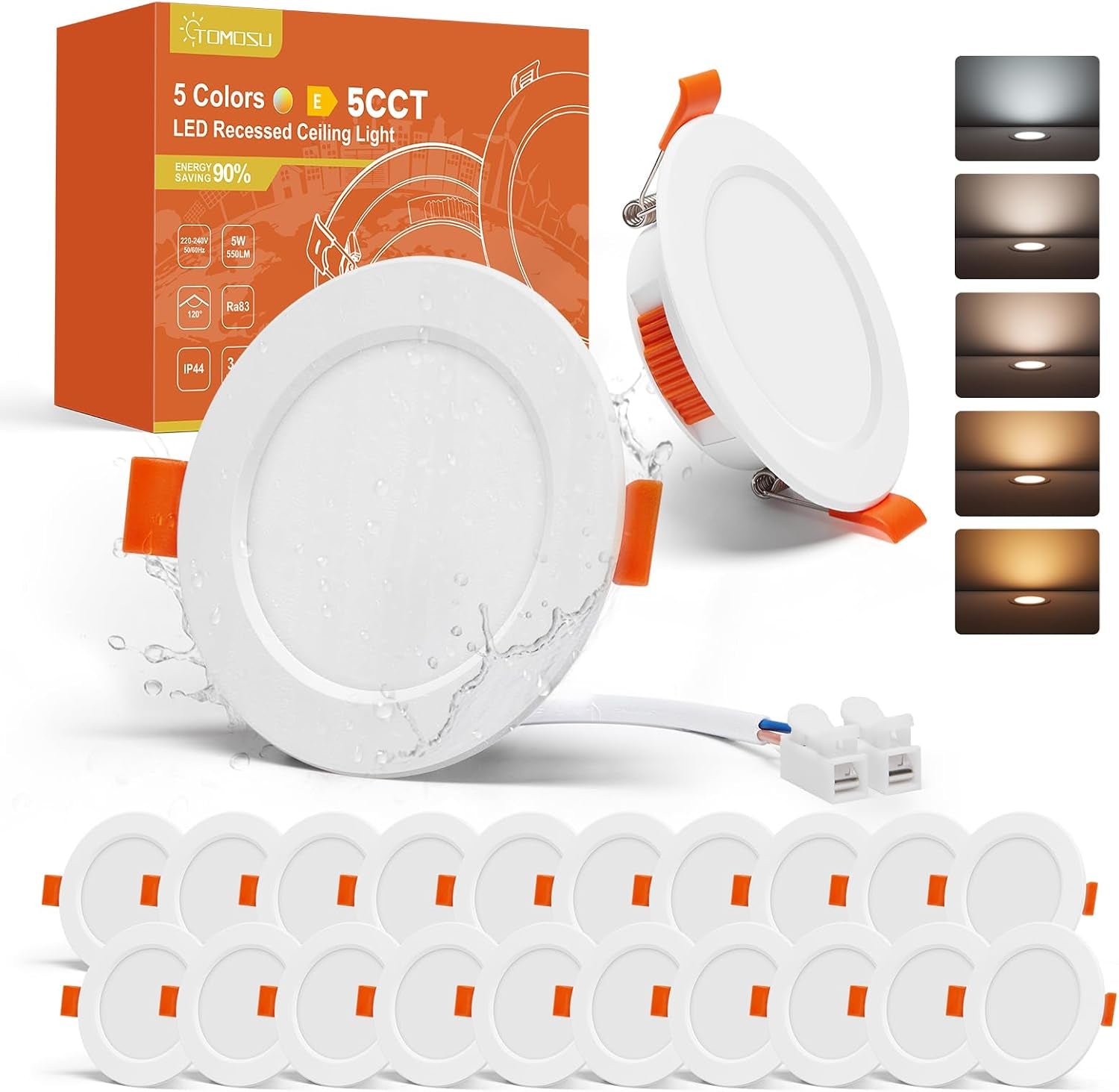 Pack of 20 5CCT Recessed LED Spotlights 68 Mm, 5 W 550 LM Extra Flat IP44 Recessed Bathroom Spotlights, 220 V Warm White Neutral White Cool White, Hole Diameter 68-80 Mm, Non-Dimmable