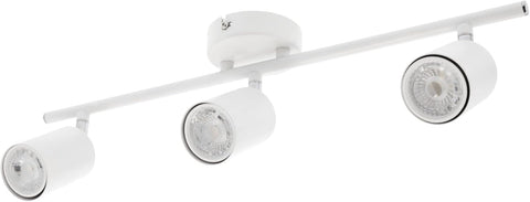White track light fixture with four lampshades on a white background
