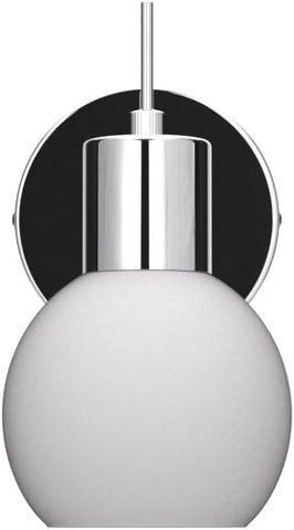 White spherical light fixture with chrome finish on a white background