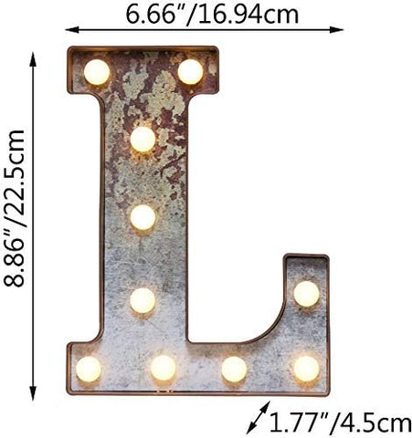 L Style LED Marquee Letter Light, Rust Metal Effect Industrial Vintage Decorative Letter Lamp, Battery Powered Tabletop or Wall Mount Marquee Sign for Home, Party, Wedding, Cafe and Bar Decor