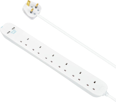 Masterplug 6 Gang Extension Lead with 2 x USB Charging Sockets, 1 Metre, White