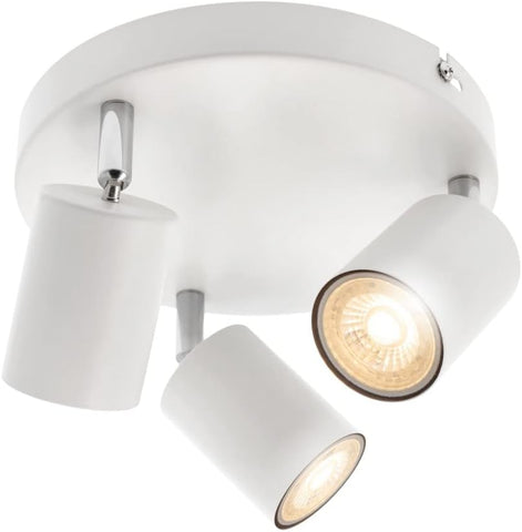 White ceiling light fixture with three adjustable lampshades on a white background