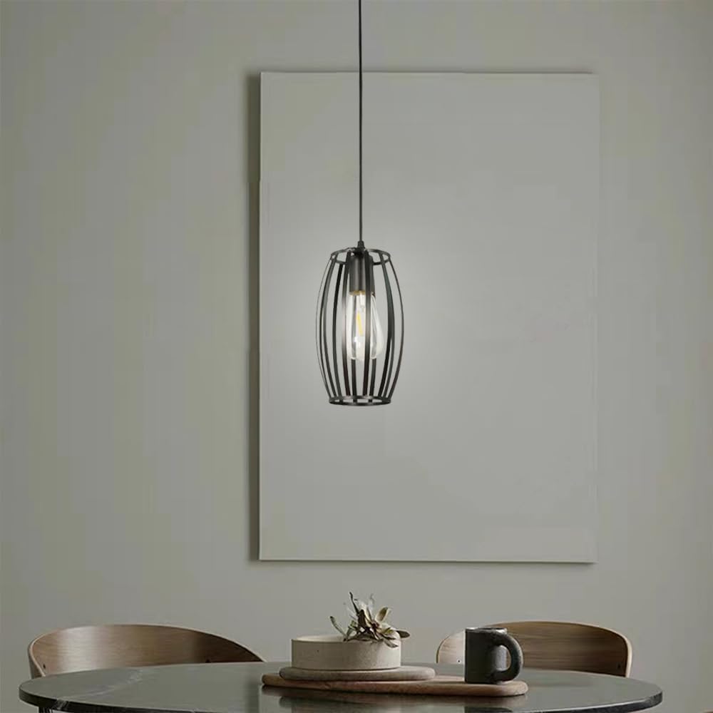 Modern Farmhouse Chandelier with Geometric Wrought Iron Metal Lampshade Pendant Lamp, Black Retro Cage Type Hanging Light for Kitchen Island Dining Room Living Room Bedroom Chaser of Light