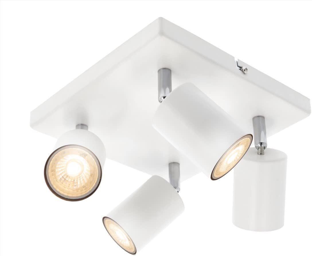 White ceiling light fixture with three adjustable lights on a white background