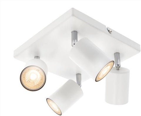 White ceiling light fixture with three adjustable lights on a white background