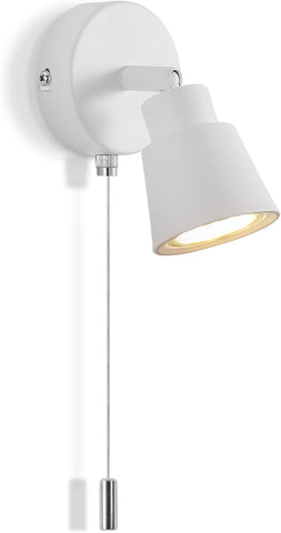 White Wall Lights with Pull Cord Switch GU10 - Modern Pull Cord Light Switch 350° Rotatable - 50W Indoor Wall Sconce Lights for Bedroom Bedside Living Room Kitchen Desk