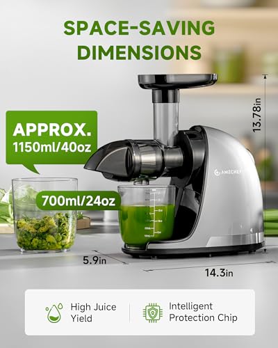 AMZCHEF Juicer Machines - Cold Press Slow Juicer - Masticating Juicer for Whole Fruits and Vegetables - Delicate Chew No Need to Filter - BPA Free Juice Extractor with 2 Cups and Brush - Black