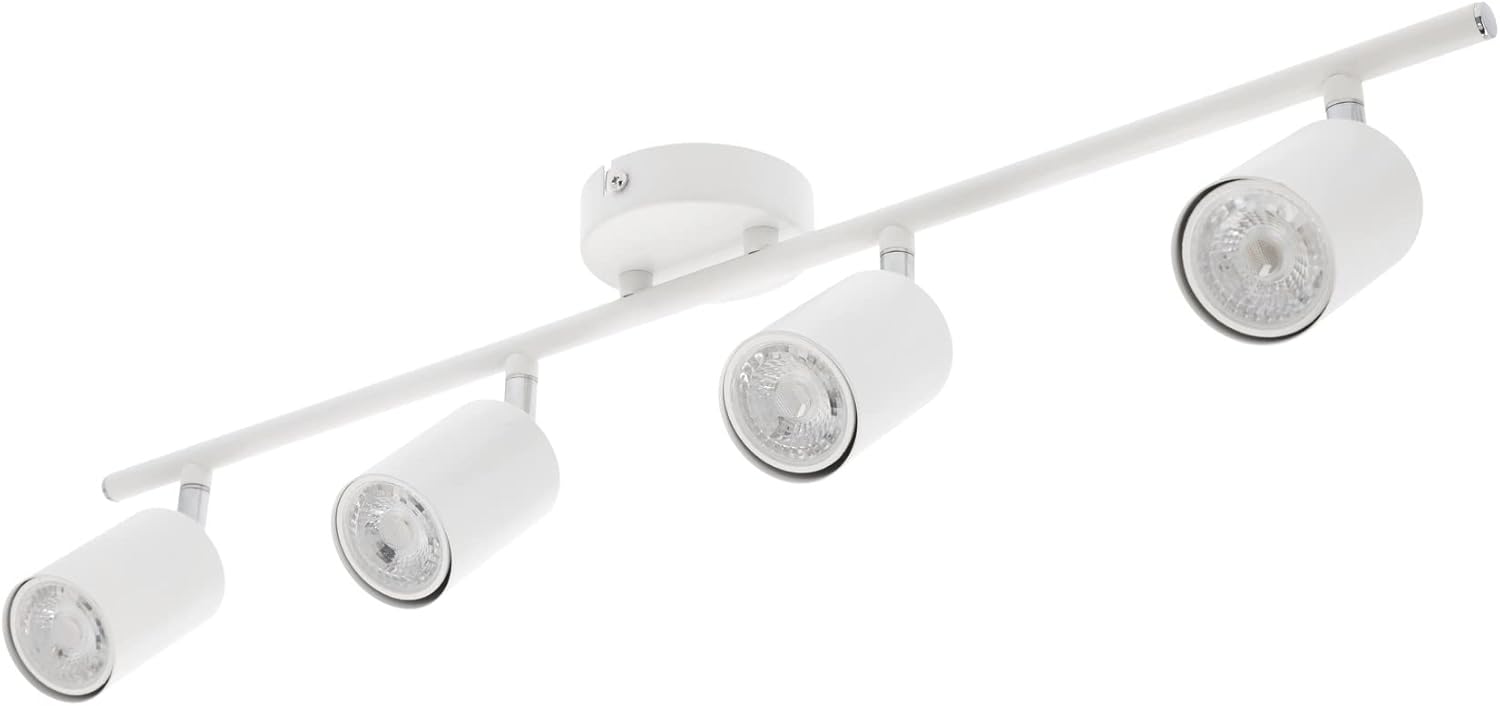 White ceiling light fixture with four spotlights on a white background