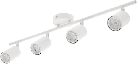 White ceiling light fixture with four spotlights on a white background
