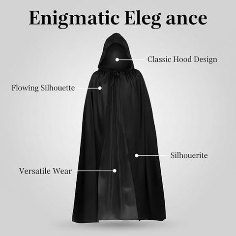 Black Hooded Cape 140cm – Adult Halloween Grim Reaper Cloak for Vampire, Wizard & Cosplay Costumes, Flowing Black Fancy Dress Costume Accessory