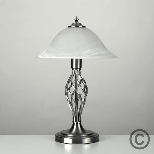 Traditional Style Satin Nickel Barley Twist Table Lamp with a Frosted Alabaster Shade - Complete with a 6w LED Bulb [3000K Warm White]