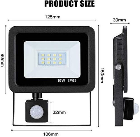 LED flood light with dimensions and sensor details on a white background