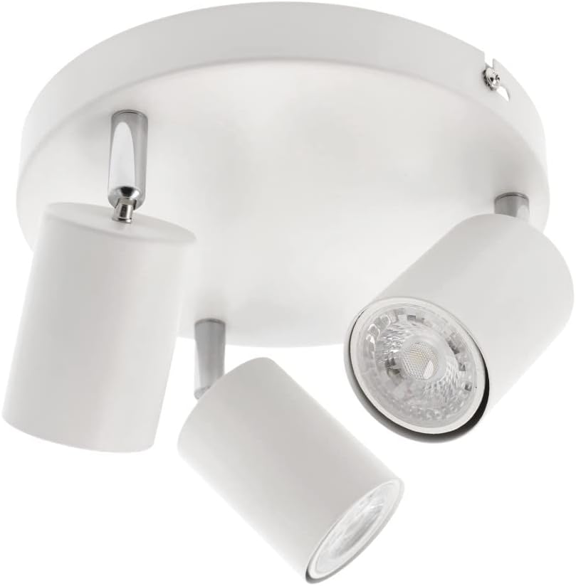 White ceiling light fixture with three adjustable spots on a white background
