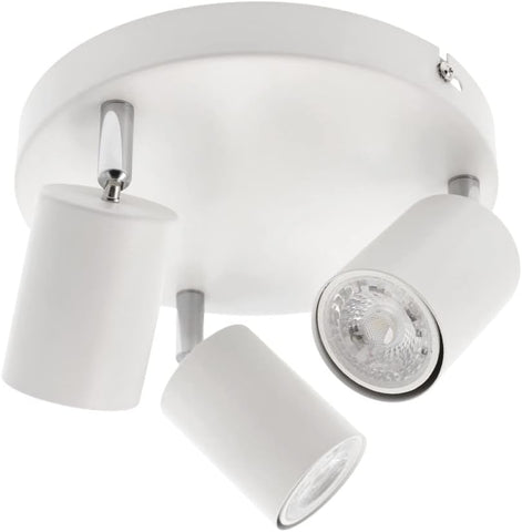 White ceiling light fixture with three adjustable spots on a white background