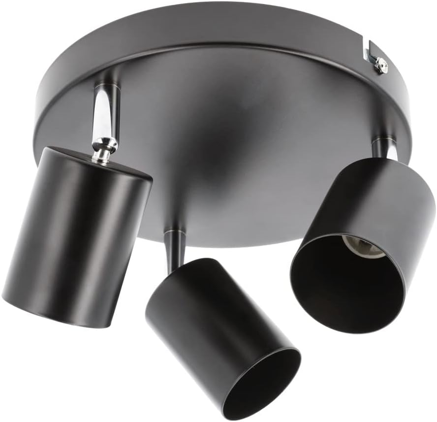 Black ceiling light fixture with three adjustable lampshades on a white background